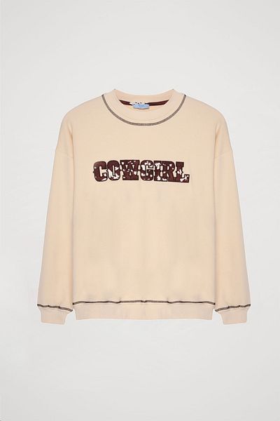 Quzu Beige Cowboy Patterned Sweatshirt