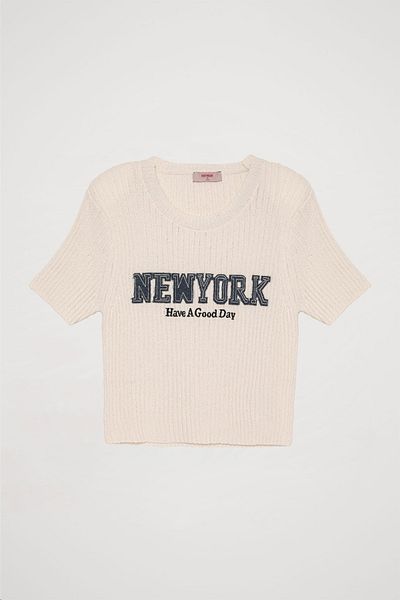 Quzu New York Printed Crop Knitwear Ecru