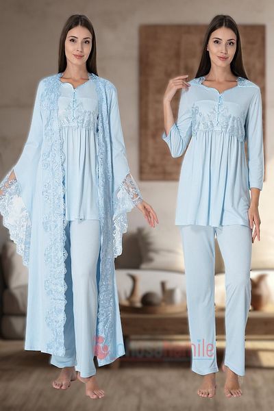 Pelin Set de pijamale de maternitate pentru femei, albastru, cu dantelă, 3 piese