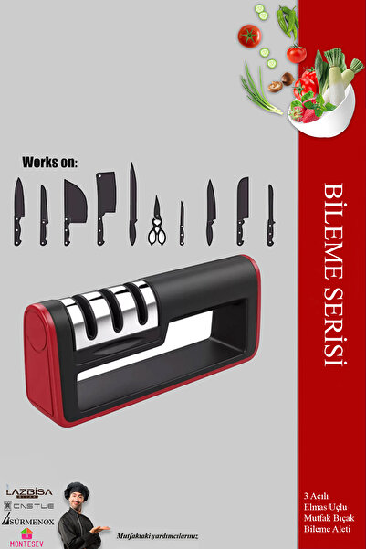 CASTLE KITCHEN Bıçak Bileme Aleti Aparatı Profesyonel Bıçak Bileyici 3 Açılı Elmas Seramik Tungsten Çelik Bileme