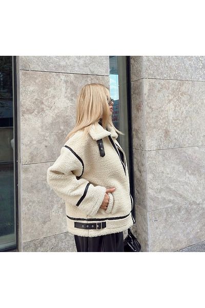 GM Butikk Beigefarbener Premium-Design-Plüschmantel für Damen mit Reißverschluss
