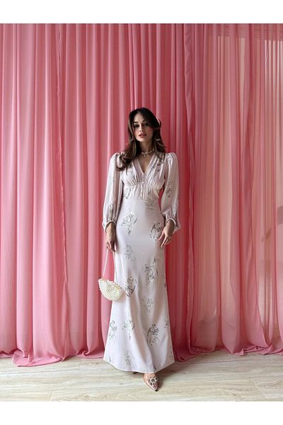 popibutik Women's V Neck Waist Sitting Digital Printed Maxi Length Satin Dress