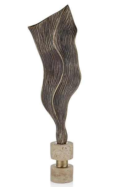 Evza Marble Leaf Detailed Decorative Object Travertine Bronze 9*18*68 Cm