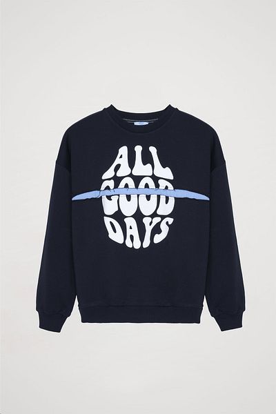 Quzu Navy Blue Text Printed Ripped Detail Sweatshirt