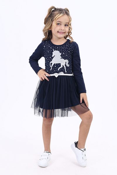 Toontoy Girl's Stone Embroidered Tulle Detailed Unicorn Printed Dress