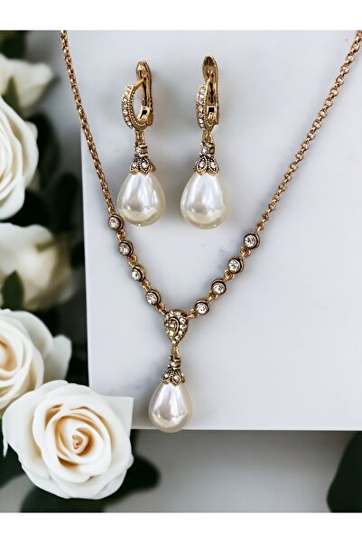 FAYRA ACCESSORIES Zirkon Taşlı Mayorka İnci Kolye ve Mayorka İnci Küpe Seti
