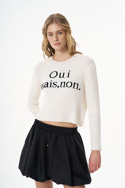 Quzu Ribbed Printed Long Sleeve Knitwear Ecru