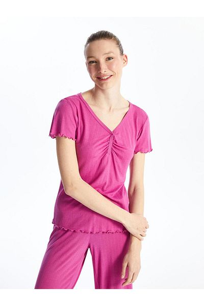 LC Waikiki V-Neck Solid Short Sleeve Women's Capri Pajama Set (S4)