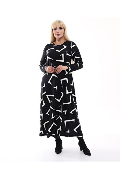 kısmet sepeti Women's Plus Size Soft Texture Black Geometric Pattern Dress