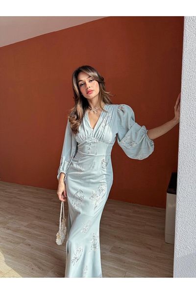 popibutik Women's V Neck Waist Sitting Digital Printed Maxi Length Satin Dress