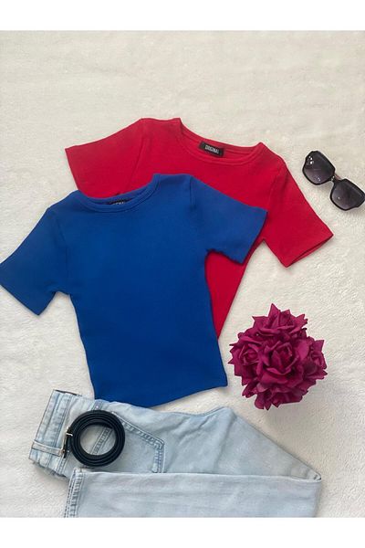 Wearflawless Women's 2-Piece Corded Cotton Crew Neck Knitted Camisole Crop T-Shirt