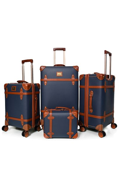 MORANO Classic Morano Full Leather 4 Piece Suitcase Set Navy Blue 28''24''20'' Inch