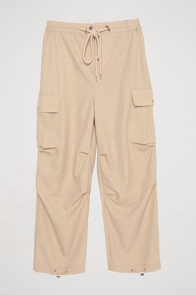Quzu Beige Cargo Pants with Pockets and Elastic Legs