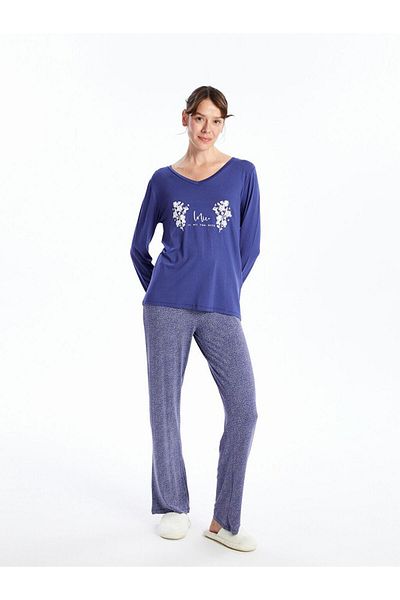 LC Waikiki V-Neck Printed Long Sleeve Women's Pajama Set (W4)