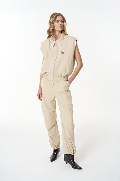 Quzu Kargo Cepli Paçası Lastikli Pantolon Bej