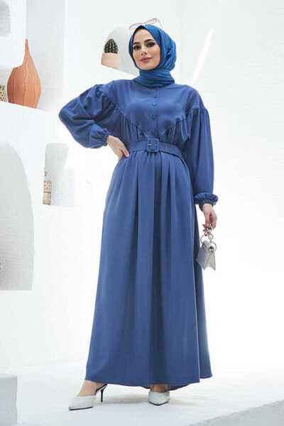 Neways 6586-crepe Gathered Dress Indigo