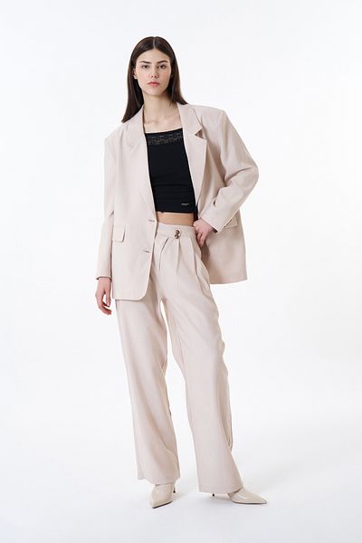 Quzu Stone Color Button Waist Palazzo Trousers