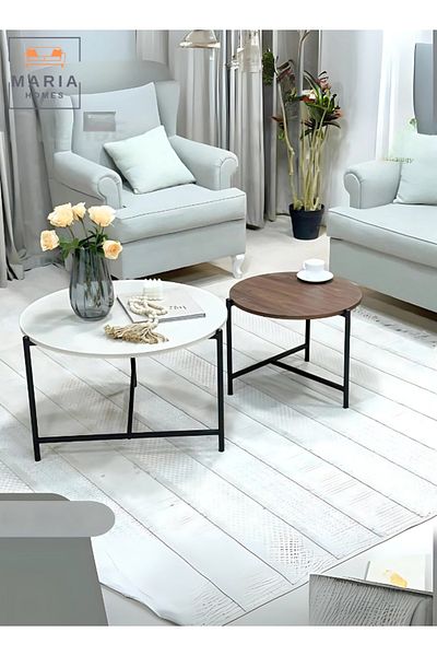 MARIA HOMES Modern Nesting Coffee Table Set,2 Piece Round Tables with Metal Frame Large: 84x50 Medium: 60x45 cm