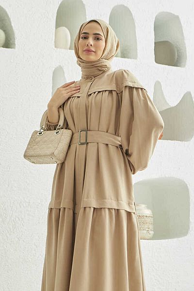 Neways 6605-Carla Gathered Belted Dress Beige