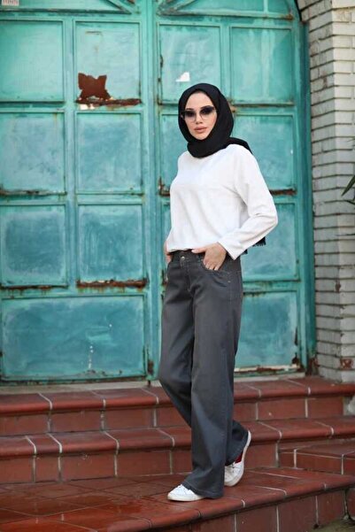 Neways 1056-denim بنطال واسع الساق رمادي داكن