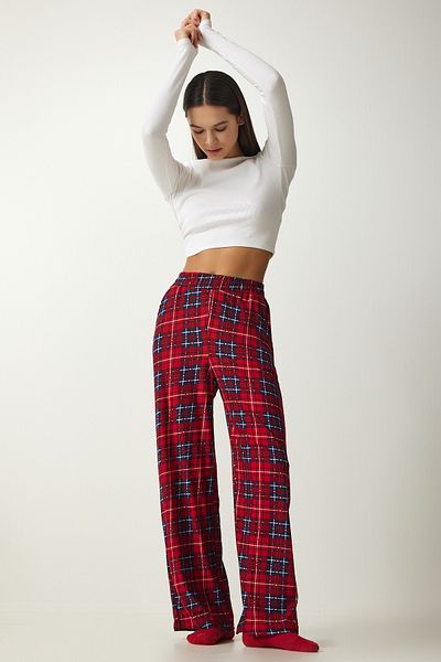 Lovelyİstanbul Red Navy Blue Patterned Soft Knitted Sleepwear Bottom - Lxr0001