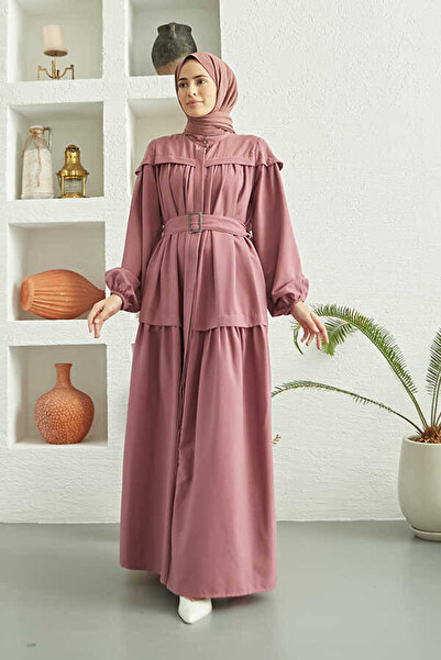 Neways 6605-Carla Büzgülü Kuşaklı Elbise Gül Kurusu