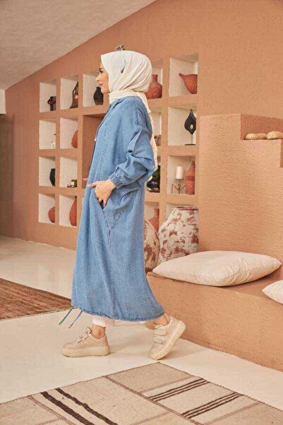 Neways 6465-denim Kapşonlu Yarasa Tunik Mavi