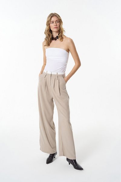 Quzu Beige Double Waist Palazzo Trousers