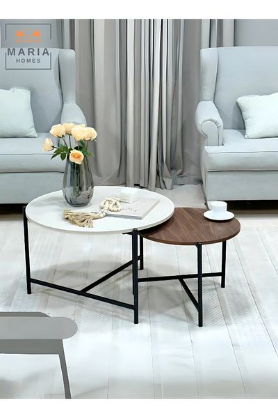 MARIA HOMES Modern Nesting Coffee Table Set,2 Piece Round Tables with Metal Frame Large: 84x50 Medium: 60x45 cm