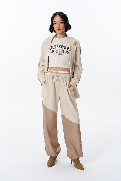 Quzu Beige Color Block Wide Leg Trousers with Elastic Waist