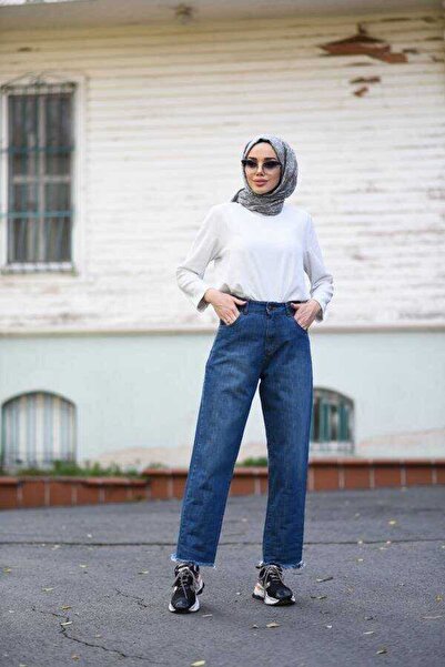 Neways 1136-denim Püsküllü Mom Jeans Koyu Mavi