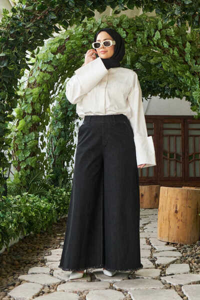 Neways 1153-Denim Püsküllü Pantolon Etek Siyah