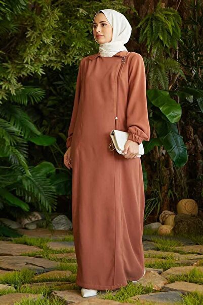 Neways 6541-krep Yan Fermuarlı Ferace Taba