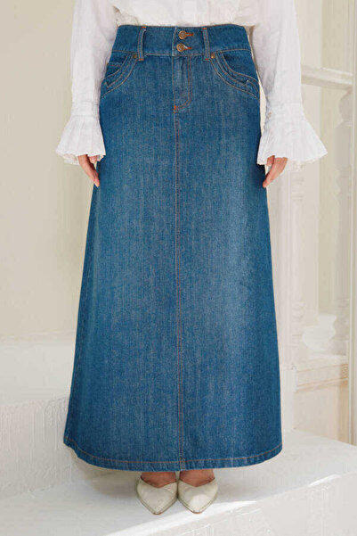 Neways 2254-denim Klasik Etek Koyu Mavi