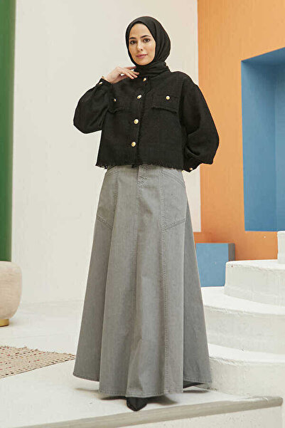 Neways 2195-denim Parçalı Mevlana Kot Etek Gri