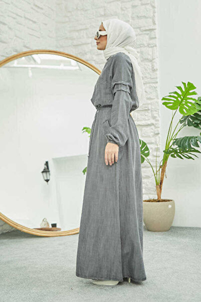 Neways 6501-DENİM REGLAN KOLLU CEPLİ ELBİSE Gri