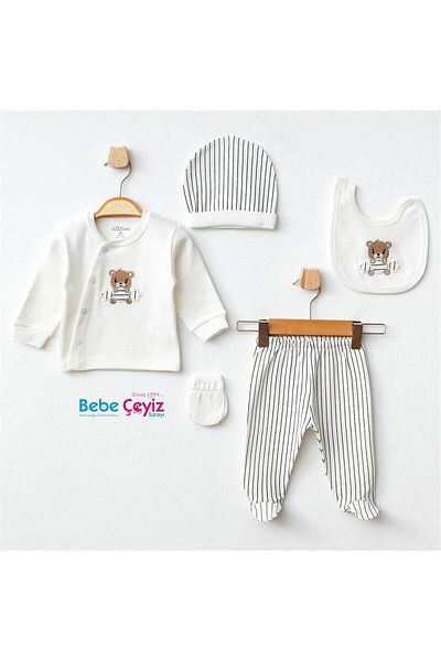 Aziz Bebe 5340 Model Baby Boy Ecru 5-Piece Hospital Discharge Set
