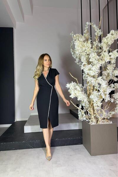 gesmoda G1209 Kruvaze Yaka Taş Detaylı Abiye Elbise Siyah