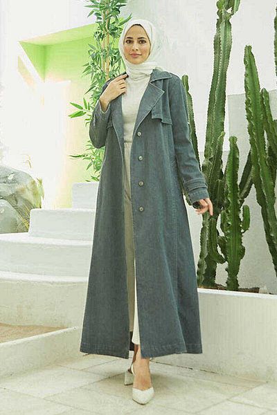 Neways 6458-Allerli Denim Trench Coat Dark Gray