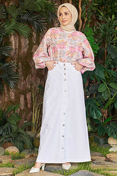 Neways 2079-DÜĞMELİ KOT ETEK Beyaz