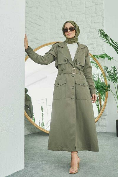 Neways 6625-Sashed Trench Coat Khaki