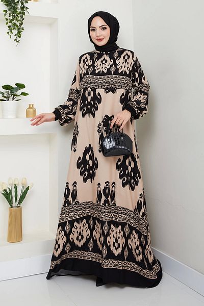 Nevayla Moda Φόρεμα βισκόζης με πολύχρωμο σχέδιο - Μαύρο Μπεζ/ E0122
