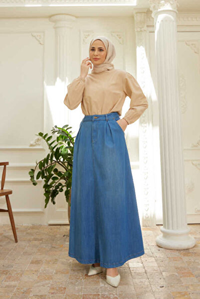 Neways 2275-Denim Pileli Çan etek Koyu Mavi
