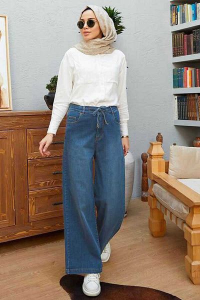 Neways 1123-laced Wide Leg Trousers Dark Blue