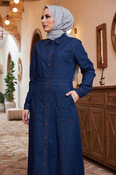 Neways 6573-Denim Button Dress Dark Blue