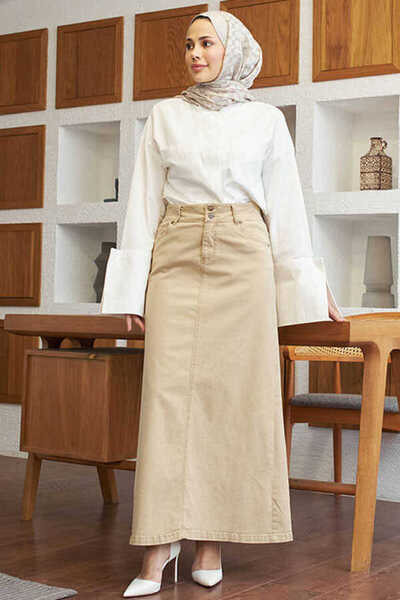 Neways 2254-Denim Klasik Etek Bej