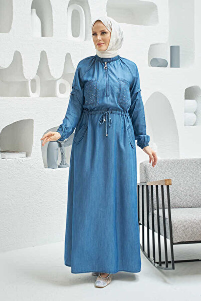 Neways 6501-Dark Blue Jewelled Detailed Denim Raglan Dress