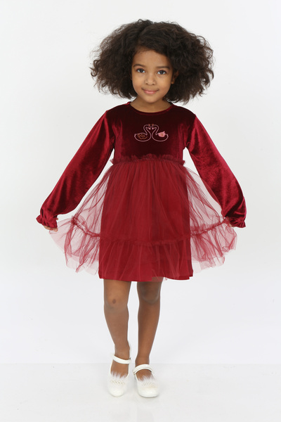 Toontoy Kız Çocuk Kuğu Baskılı Kadife Elbise