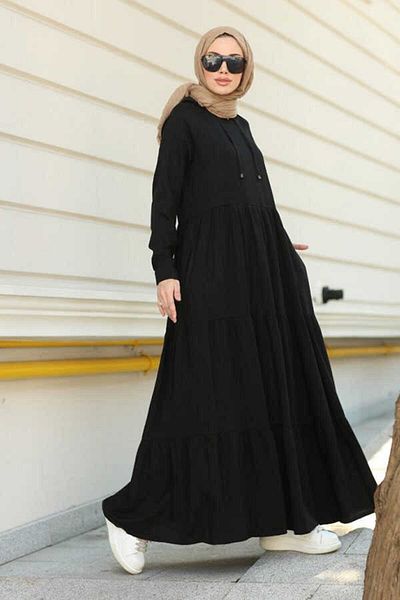 Neways 6531-crepe Hooded Raglan Sleeve Dress Black