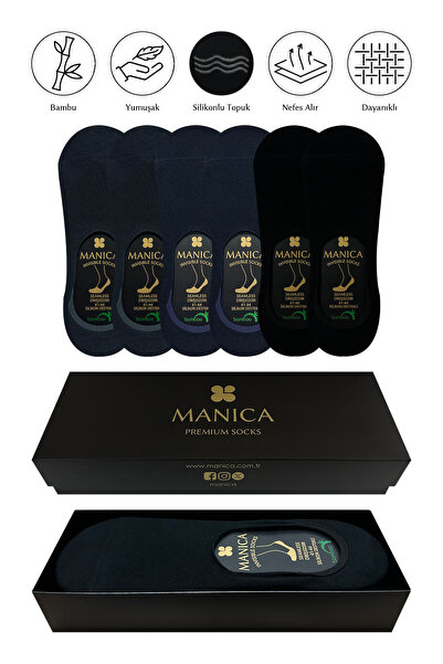 MANICA Erkek Bambu Babet Çorap 6 Çift - İkişer Çift Siyah, Lacivert, Füme